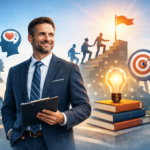 Confident business leader holding a clipboard with symbols of communication, vision, teamwork, and success representing top leadership skills