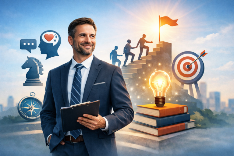 Confident business leader holding a clipboard with symbols of communication, vision, teamwork, and success representing top leadership skills