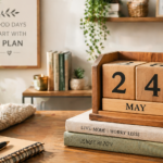Wooden perpetual calendar with black numbers on a rustic wooden table surrounded by books, plants, and a cozy atmosphere, with a "Good Days Start With A Plan" sign in the background.
