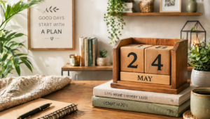 Wooden perpetual calendar with black numbers on a rustic wooden table surrounded by books, plants, and a cozy atmosphere, with a "Good Days Start With A Plan" sign in the background.