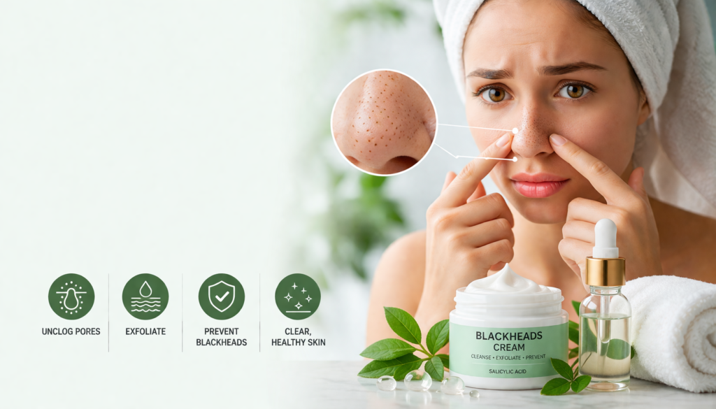 A woman with a towel on her head gently points to her nose to highlight blackheads, with skincare icons representing the process of unclogging pores, exfoliation, and preventing blackheads. A jar of "BLACKHEADS CREAM" and a serum bottle accompany her, creating a soothing, spa-inspired aesthetic.