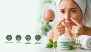 A woman with a towel on her head gently points to her nose to highlight blackheads, with skincare icons representing the process of unclogging pores, exfoliation, and preventing blackheads. A jar of "BLACKHEADS CREAM" and a serum bottle accompany her, creating a soothing, spa-inspired aesthetic.