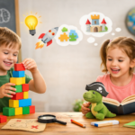 Children playing with blocks and reading a book to support cognitive development through creative play and learning activities.