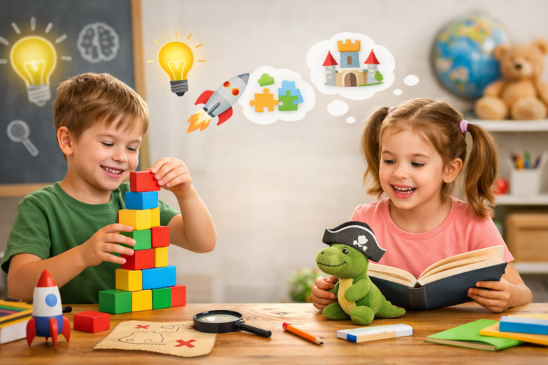 Children playing with blocks and reading a book to support cognitive development through creative play and learning activities.