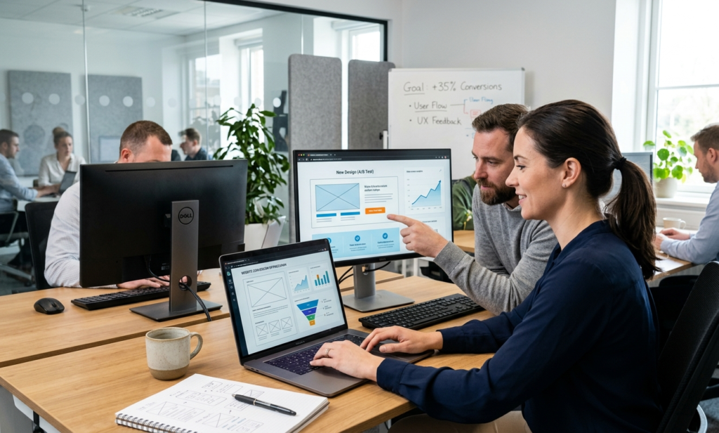 A diverse team of software engineers and project managers collaborating in a modern office on full-service enterprise software solutions, featuring a project dashboard, wireframes, and code on laptops.