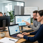 A diverse team of software engineers and project managers collaborating in a modern office on full-service enterprise software solutions, featuring a project dashboard, wireframes, and code on laptops.