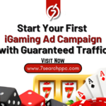 iGaming ad campaign dashboard showing traffic growth, conversions, and ROI performance metrics for online gaming ads