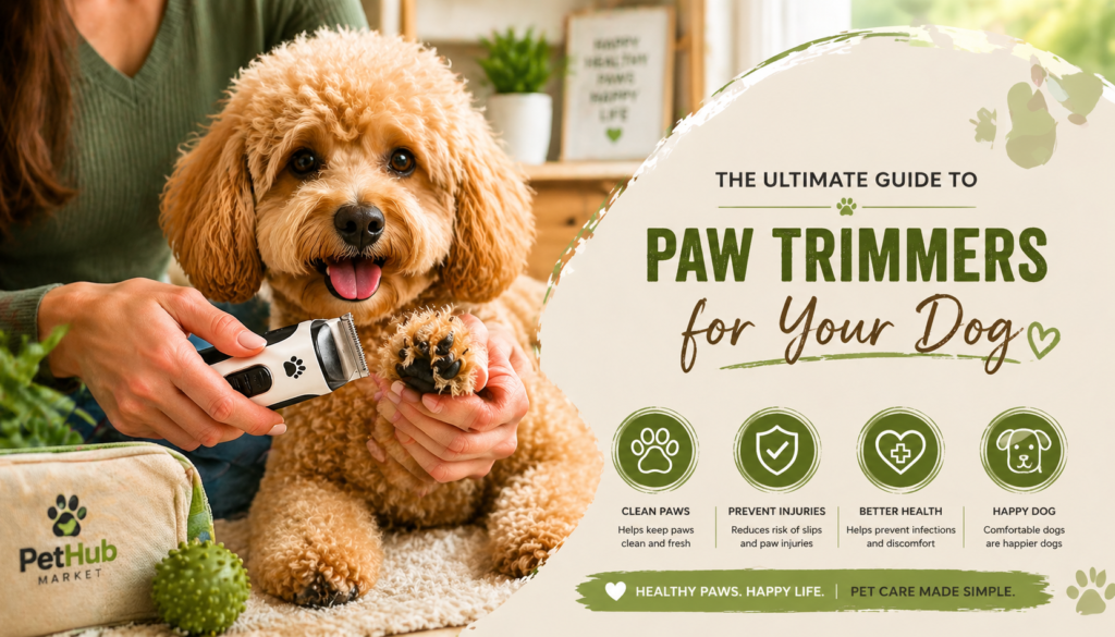 A woman trims a dog's paw with a paw trimmer in a cozy home setting, with the dog looking happy and relaxed. Soft background elements like plants and shelves add to the warm, inviting atmosphere.