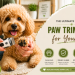 A woman trims a dog's paw with a paw trimmer in a cozy home setting, with the dog looking happy and relaxed. Soft background elements like plants and shelves add to the warm, inviting atmosphere.