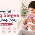 Mother breastfeeding baby while wearing a long sleeve nursing top in a soft, modern home setting with blog title text overlay