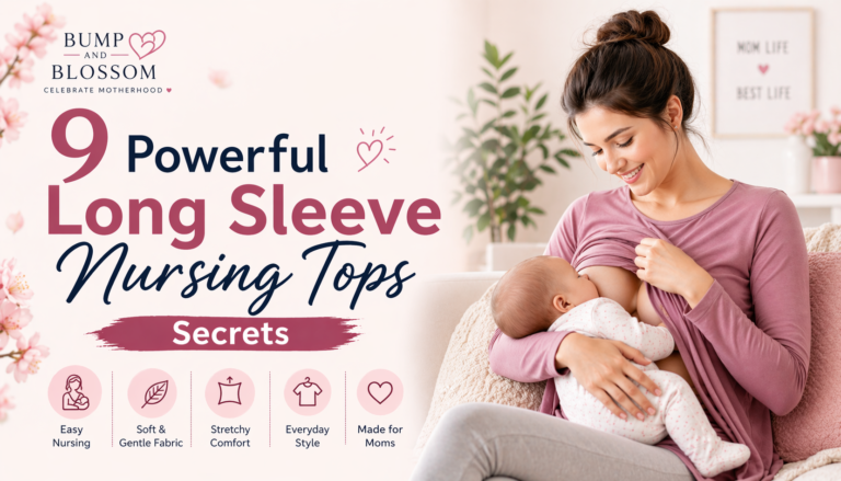 Mother breastfeeding baby while wearing a long sleeve nursing top in a soft, modern home setting with blog title text overlay