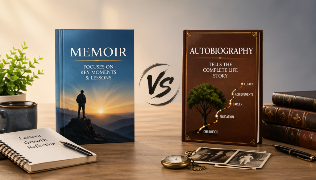 Memoir vs autobiography comparison showing two books, one focused on life lessons and key moments and the other showing a full life timeline from childhood to achievements