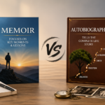 Memoir vs autobiography comparison showing two books, one focused on life lessons and key moments and the other showing a full life timeline from childhood to achievements