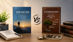 Memoir vs autobiography comparison showing two books, one focused on life lessons and key moments and the other showing a full life timeline from childhood to achievements