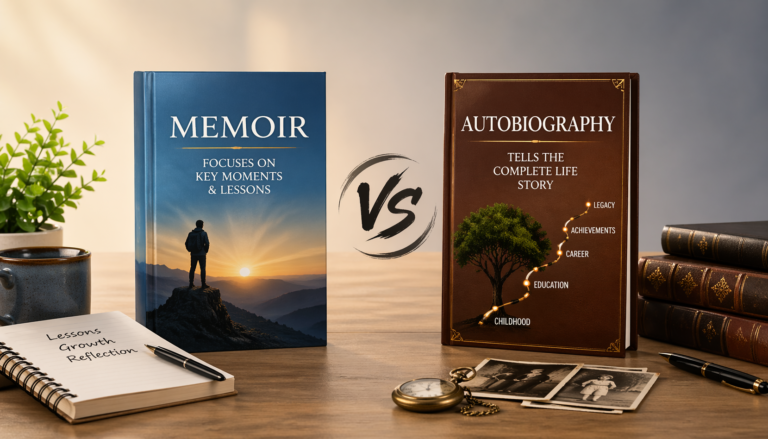 Memoir vs autobiography comparison showing two books, one focused on life lessons and key moments and the other showing a full life timeline from childhood to achievements
