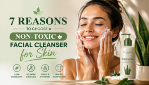 A woman with glowing skin is gently washing her face with a non-toxic facial cleanser, while holding a bottle of Velmora Glow’s Sansevieria Pure Cleanser. The background features soft, natural colors with botanical accents.