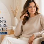 A woman in a beige cashmere pullover sitting comfortably on a chair with folded cashmere sweaters beside her, highlighting the warmth and elegance of cashmere.