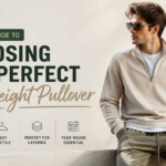 A stylish young man wearing a beige lightweight pullover and olive corduroy sweatpants, sitting comfortably in a modern outdoor setting, with key features highlighted like "lightweight," "easy to style," and "perfect for layering."