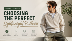 A stylish young man wearing a beige lightweight pullover and olive corduroy sweatpants, sitting comfortably in a modern outdoor setting, with key features highlighted like "lightweight," "easy to style," and "perfect for layering."