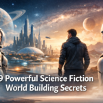 Futuristic science fiction world featuring an astronaut, a robot, and a man overlooking a high-tech city with planets and spacecraft in the sky.
