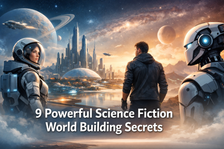Futuristic science fiction world featuring an astronaut, a robot, and a man overlooking a high-tech city with planets and spacecraft in the sky.
