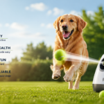 Happy golden retriever dog chasing a tennis ball launched from an automatic dog ball launcher in a sunny park