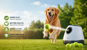 Happy golden retriever dog chasing a tennis ball launched from an automatic dog ball launcher in a sunny park
