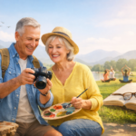 Happy retired couple enjoying creative hobbies outdoors, including photography, painting, reading, and yoga, representing purposeful and active retirement living