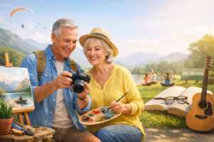 Happy retired couple enjoying creative hobbies outdoors, including photography, painting, reading, and yoga, representing purposeful and active retirement living