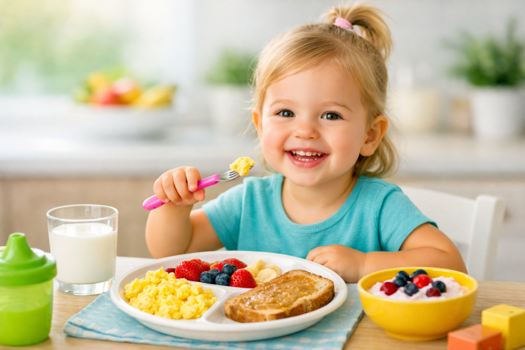 Happy toddler eating a healthy breakfast with eggs, toast, berries, and yogurt at a bright kitchen table