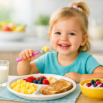 Happy toddler eating a healthy breakfast with eggs, toast, berries, and yogurt at a bright kitchen table