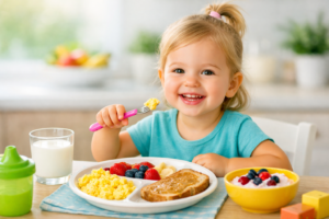 Happy toddler eating a healthy breakfast with eggs, toast, berries, and yogurt at a bright kitchen table