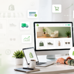 Professional ecommerce specialist using shopify store setup services to build a Shopify-style online store with icons for payments, shipping, apps, SEO, analytics, and launch growth.