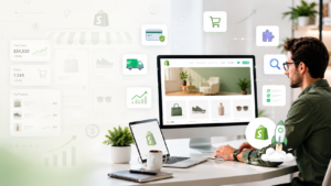 Professional ecommerce specialist using shopify store setup services to build a Shopify-style online store with icons for payments, shipping, apps, SEO, analytics, and launch growth.