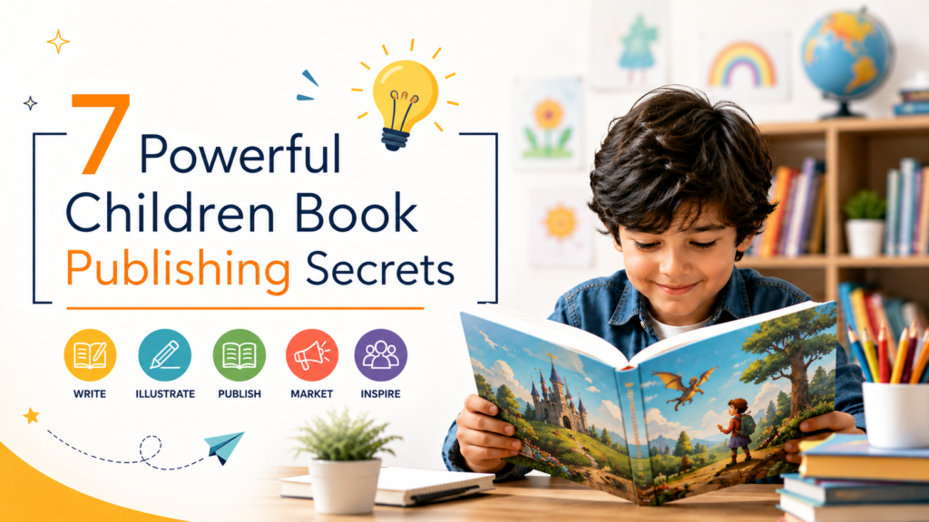 Professional blog thumbnail showing a child reading a colorful storybook with the title “7 Powerful Children Book Publishing Secrets,” representing children book publishing tips for authors.