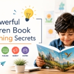 Professional blog thumbnail showing a child reading a colorful storybook with the title “7 Powerful Children Book Publishing Secrets,” representing children book publishing tips for authors.