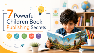Professional blog thumbnail showing a child reading a colorful storybook with the title “7 Powerful Children Book Publishing Secrets,” representing children book publishing tips for authors.