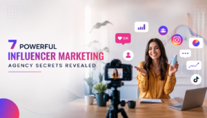 Influencer Marketing Agency thumbnail showing a creator filming product content with social media icons and clean campaign analytics graphics.