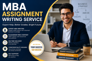MBA assignment writing service banner showing expert academic support and student success concept.