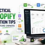 Shopify automation thumbnail showing a laptop dashboard with workflow cards, sales charts, shipping updates, customer support, and a store owner managing an online store.
