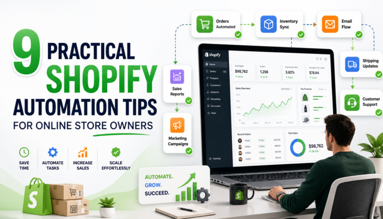 Shopify automation thumbnail showing a laptop dashboard with workflow cards, sales charts, shipping updates, customer support, and a store owner managing an online store.