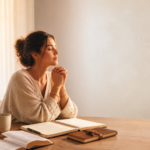 Woman praying peacefully beside a journal, candle, and open book in warm morning light, symbolizing spiritual affirmations, calm, faith, and reflection.