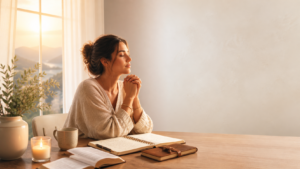 Woman praying peacefully beside a journal, candle, and open book in warm morning light, symbolizing spiritual affirmations, calm, faith, and reflection.