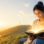 Woman reading a glowing spiritual book at sunrise with a peaceful path and cross in the background.