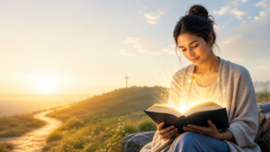 Woman reading a glowing spiritual book at sunrise with a peaceful path and cross in the background.
