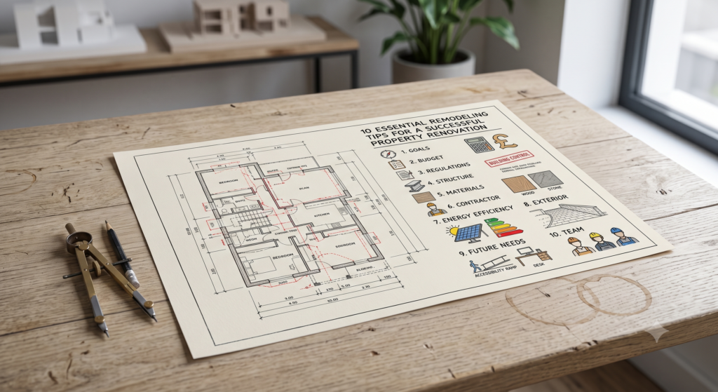 Minimalist property remodeling tips infographic displayed next to a house floor blueprint, architectural compass, and pencil on a wooden desk.