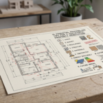 Minimalist property remodeling tips infographic displayed next to a house floor blueprint, architectural compass, and pencil on a wooden desk.