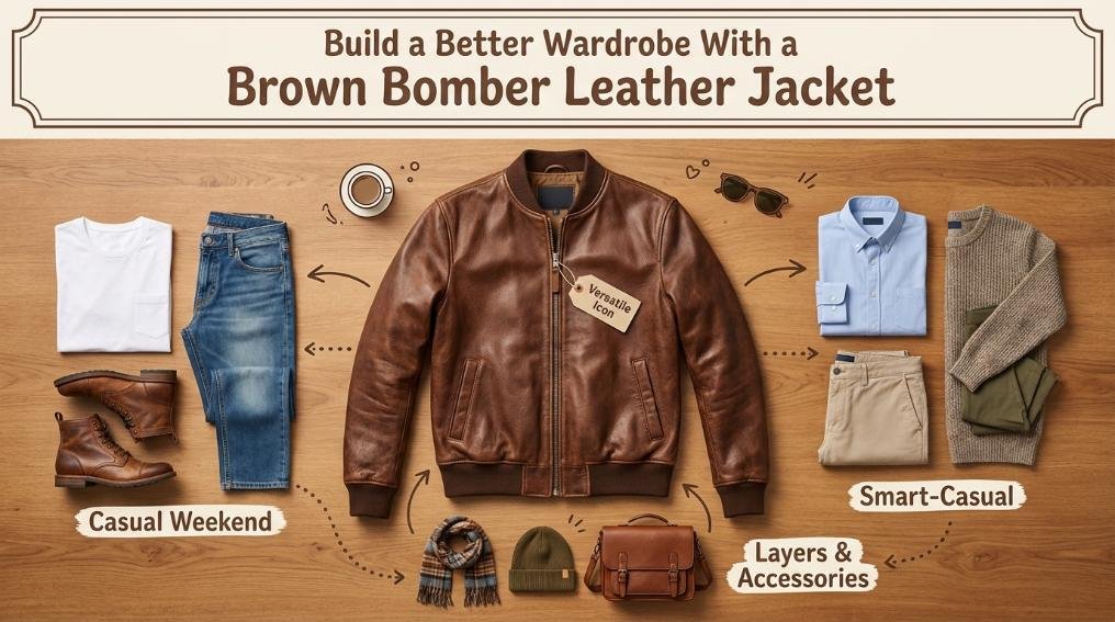 Brown Bomber Leather JacketBrown Bomber Leather Jacket