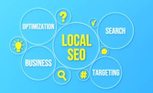 A bright blue diagram centered on LOCAL SEO connected to business, optimization, search, and targeting icons as delivered by a local SEO agency London.