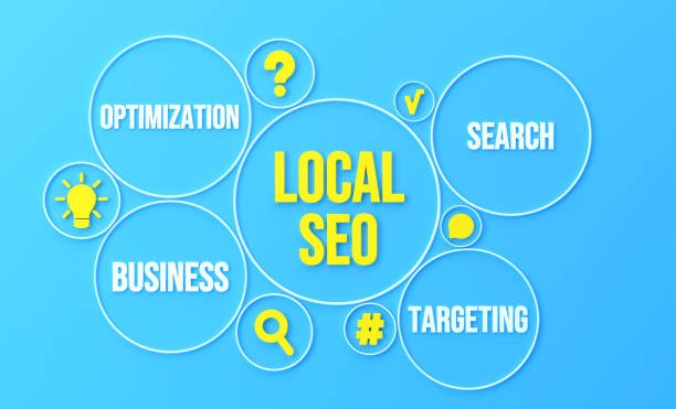 A bright blue diagram centered on LOCAL SEO connected to business, optimization, search, and targeting icons as delivered by a local SEO agency London.